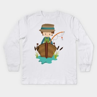 Fishing Boy, Fisherman, Fishing Rod, Brown Hair Kids Long Sleeve T-Shirt